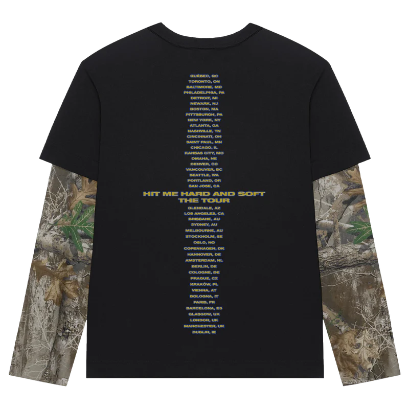 HIT ME HARD AND SOFT TOUR CAMO LAYERED LONG SLEEVE TEE